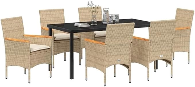 Afuera Living 7-Piece Poly Rattan Garden Dining Set, Beige Cushions, Outdoor Patio Furniture, Tempered Glass Tabletop, UV-Resistant, Weatherproof, Ergonomic Seating, Modern Style for Patio or Garden