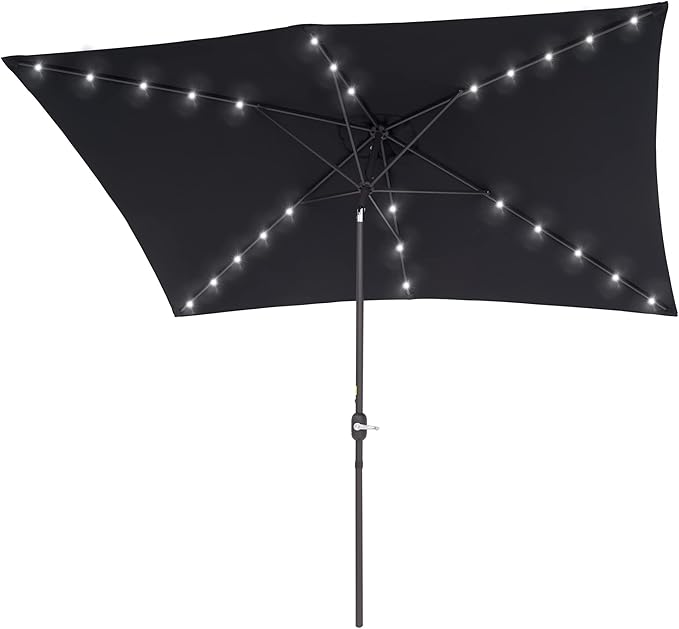 Rectangle Patio Umbrella with Solar Lights, 10 x 6.5ft Rectangular Outdoor Umbrella Table Market Patio Umbrella with Push Button Tilt and Crank for Garden, Deck, Backyard, Pool
