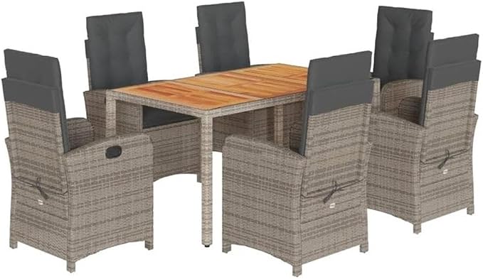 Afuera Living 7-Piece Rattan Garden Dining Set, Gray Finish, Weather-Resistant PE Rattan and Steel, Rectangular Table, 6 Reclining Chairs with Cushions, Modern Patio Furniture for Conservatory or