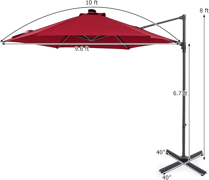 Tangkula 10ft Patio Umbrella with Solar Lights, Offset Cantilever Outdoor Umbrella with LED Lights, 360 Degree Rotation, Air Vent for Pool Deck Garden Backyard (Wine)