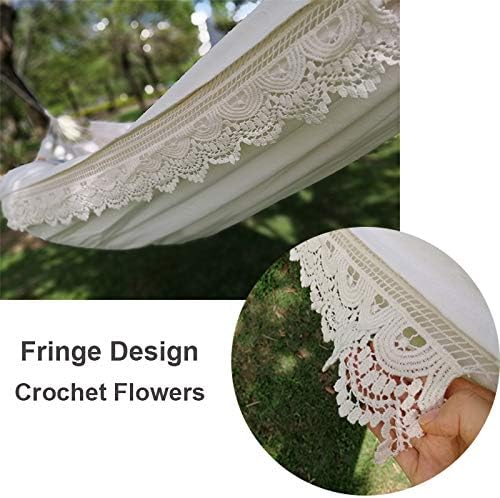 Brazilian Boho Large Fringe Swing Bed - Portable 2 Person Hammock for Patio, Porch, Backyard, Indoor with Carrying Bag, Tree Hammock - Soft Cotton Fabric White
