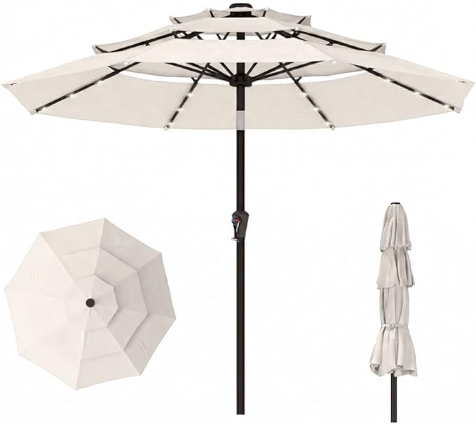 10ft 3-Tier Patio Umbrella with 32 Solar Powered LED Lights, Windproof Outdoor Market Umbrella for Deck, Poolside & Garden, Sturdy Push-Button Tilt Table Umbrella, Creamy White