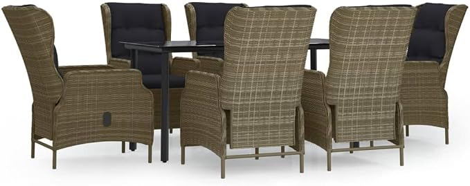 7 Piece Patio Dining Set Brown Poly Rattan with 6 Adjustable Reclining Chairs & Cushions, Outdoor Rattan Dining Table with Tempered Glass Weather Resistant Conversation Set for Garden Backyard Deck