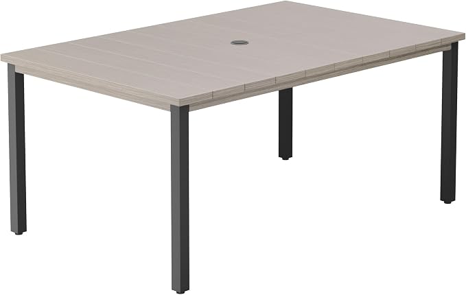 DIFY 63" Rectangle Outdoor Dining Table for 6, Slatted Metal Patio Table with Adjustable Umbrella Hole, All-Weather Patio Dining Table for Garden Backyard Deck, Grey Wood-Like Tabletop