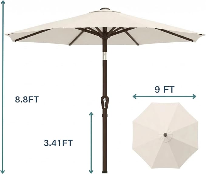 PatioKingdom 9FT Patio Outdoor Umbrella-UPF 50+ Sun Shade with Wind Vent, Push-Button Tilt & Smooth Crank Lift, Rust-Resistant Fiberglass Frame for Garden, Backyard,Yard (Creamy-white)