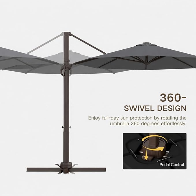 Kingdura Cantilever Patio Umbrella with Double Top Vent, Large Square Aluminum Outdoor Offset Umbrella with 360-degree Rotation, Infinite Tilt, UV Protection for Pool Deck Garden Patio