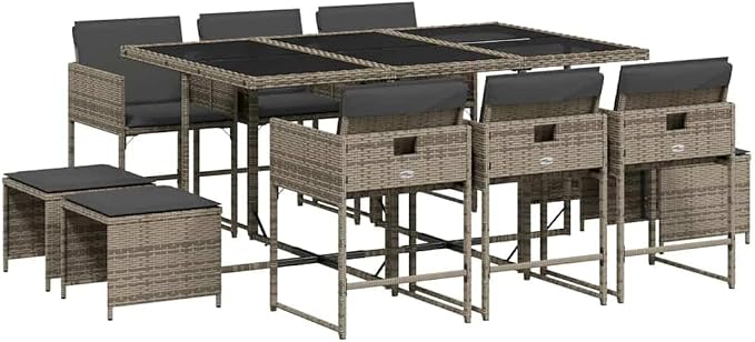 10-Seater Garden Dining Set, Rectangular Patio Table with 6 Chairs and 4 Stools, Outdoor Rattan Furniture for Backyard, Deck, and Terrace, Grey