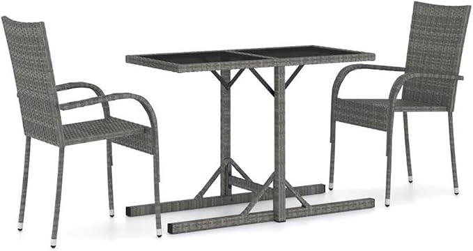 BOWERY HILL 3-Piece Outdoor Dining Set, Powder-Coated Steel, Gray Finish, Compact Design, Includes 1 Table and 2 Chairs, Durable PE Rattan, Lightweight Stackable Chairs, Ideal for Garden, Patio,