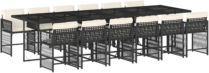 13 Piece Outdoor Garden Dining Set Black Cream White with Cushions, Tempered Glass Table, Synthetic Rattan Patio Furniture for 12 Person, Weather Resistant Modern Backyard Picnic Barbecue Party
