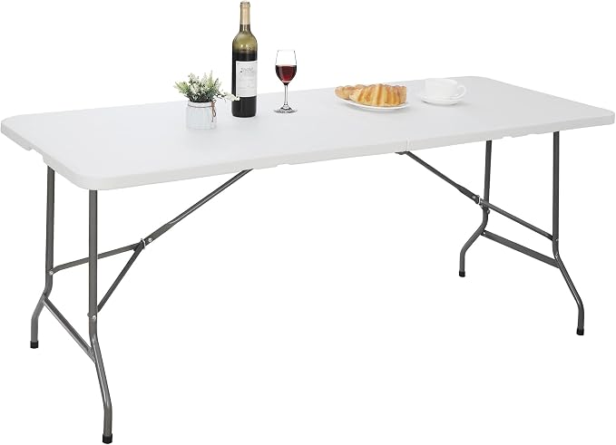 Folding Event Table, Heavy Duty Picnic Table Indoor Outdoor Camping, 6FT Portable w Handle Lock for Banquet, White