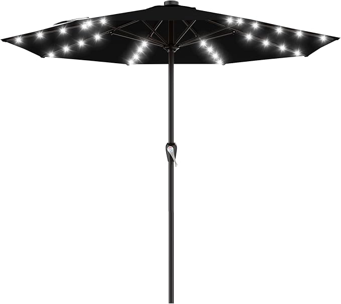 AreShark 12FT Large Patio Umbrella with Solar Lights, Solar Powered Outdoor Umbrella with Crank, Patio Table Market Umbrellas for Garden, Deck, Backyard, Pool and Beach, Black