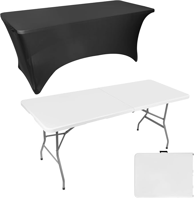 6ft Folding Table Portable Heavy Duty Plastic Utility Foldable Table Indoor Outdoor for Camping, Party with Handle, Lock - White (6 FT & Tablecloth)