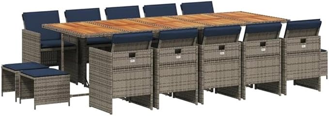 Afuera Living 15 Piece Poly Rattan Patio Dining Set, Gray and Oiled Acacia Wood, Removable Cushions, Weather-Resistant, Foldable and Stackable Chairs, Compact Outdoor Furniture for Garden, Patio,