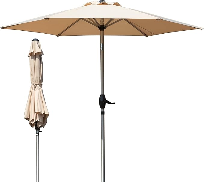 Domi 7.5FT Patio Umbrella Outdoor Market Umbrella with Silver Aluminum Pole, UV Resistant Canopy, Wind Vent, Tilt & Crank System, Perfect for Patio, Garden, Deck, Pool, Outdoor Dining, Beige