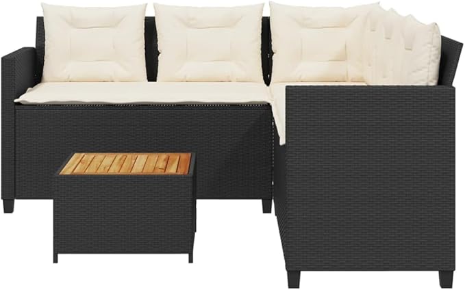 Patio Sofa with Table and Cushions, Outdoor Dining Sets Porch Furniture Set Patio Conversation Set Front Porch Furniture for Poolside Garden Exhibition L-Shaped Black Poly Rattan