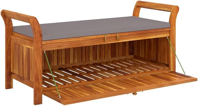 Wooden Outdoor Patio Storage Bench Large Deck Box with Brown Cushion 49.6"x19.7"x23.6" Solid Wood Acacia Storage Box Deck Box with Seat for Garden, Balcony, Porch, Pool,Yard -AA