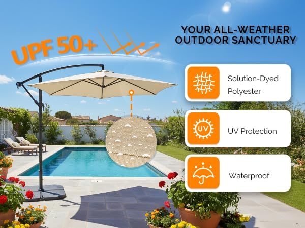 VINGLI 10 ft Cantilever Patio Umbrella, Offset Cantilever Outdoor Umbrella with Solar Lights, Easy Crank & Tilt Adjustment for Backyard, Poolside, Deck