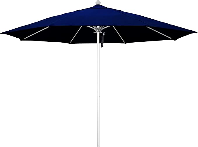 California Umbrella 11Ft Commercial Grade Sunbrella Fabric Market Umbrella, Pulley Lift, Aluminum/Fiberglass, 2mm pole wall, Silver Frame, True Blue Fabric