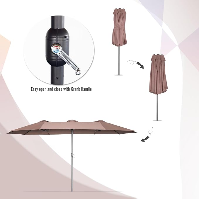AECOJOY 15x9ft Large Patio Umbrella, Double-Sided Outdoor Market Rectangle Table 177''x104'' Umbrella with Crank Air Vents for Deck Pool Patio(1.9" Pole, Brown)