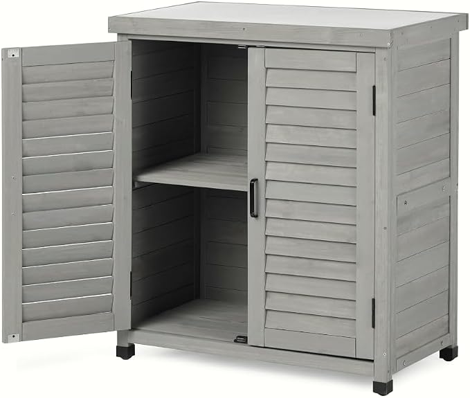Sturdy Potting, Outdoor Storage Cabinet, Solid Wood Work Table, Metal Top, Louvered Doors, Magnetic Door, Gray, 31.5 17 36 Inch