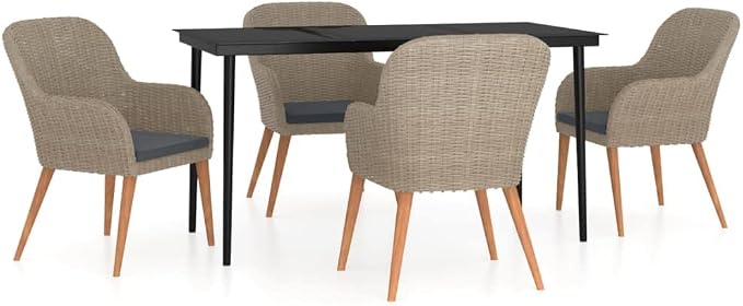 5-Piece Outdoor Dining Set, Brown PE Rattan Patio Furniture Set with 55-Inch Rectangular Table and 4 Cushioned Chairs for Backyard, Garden, and Terrace