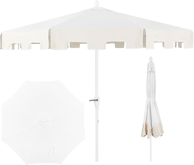 JONATHAN Y Baiona 9 ft. White/Cream Outdoor Patio Umbrella with Crank Lift and Tilt, 8 Ribs UV-Resistant Market Table Umbrella with Square Trim for Pool, Deck, Coastal, White Pole UMB1000B