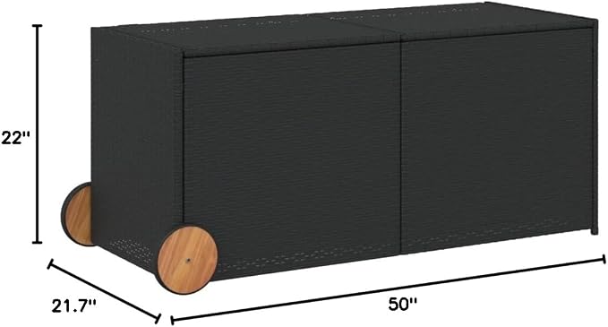 74.8 Gal Outdoor Storage Box with Wheels, Patio Rattan Deck Box, Wicker Garden Storage Bin Deck Box, Poly Rattan Patio Storage Chest with Hinged Lid, 50"x21.7"x22"/23.4" Black