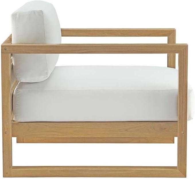 Pemberly Row 6-Piece Teak Wood Patio Sofa Set, Natural and White Finish, Water-Resistant Cushions, Includes Coffee Table, Sofa, Armchairs, Side Tables, Modern Outdoor Furniture for Backyard or Garden