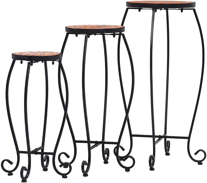 Set of 3 Mosaic Side Tables, Terracotta Ceramic Top with Black Iron Frame, Round Accent Table for Patio, Garden, Balcony, Plant Stand Display