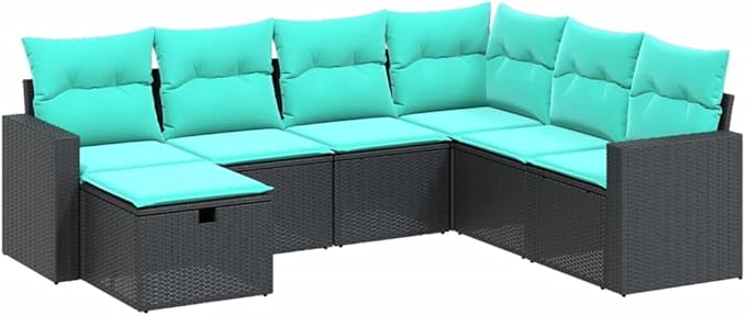 7 Piece Patio Sofa Set with Cushions, Outdoor Dining Sets Porch Furniture Set Patio Conversation Set Sectional Sofa for Exhibition Negotiation Area Poolside Piazza Black Poly Rattan