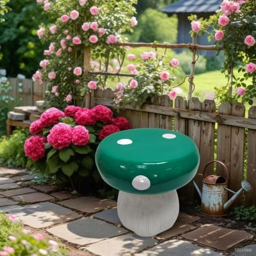 13.8" Mushroom House Resin Stool, Forest Mushroom Sculpture Stool, Multi-Purpose Decorative Furniture, Indoor Outdoor Garden Lawn Courtyard Summer Decoration (Green Mushroom)