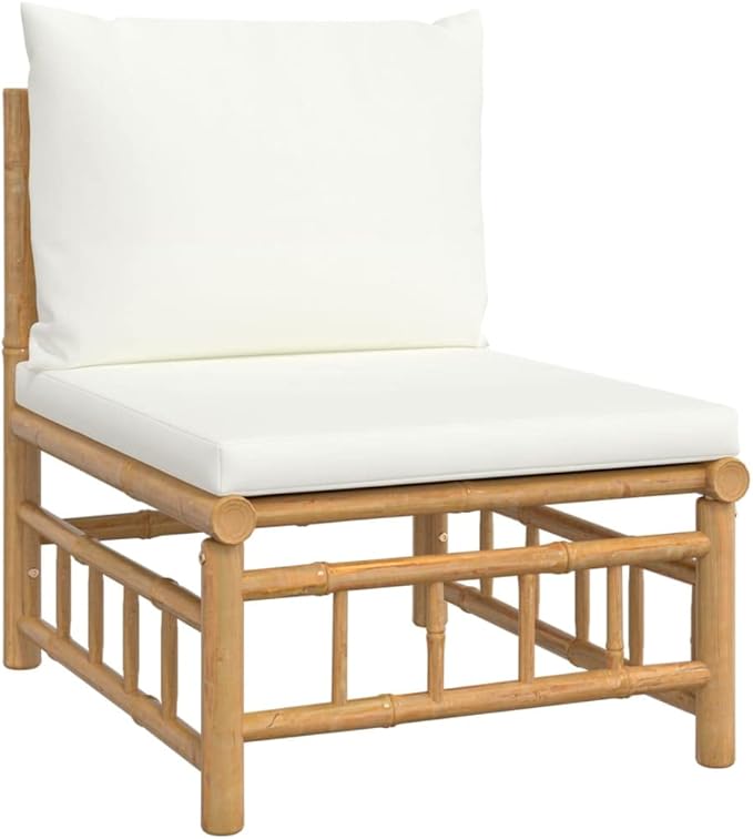 6 Piece Patio Lounge Set with Cream White Cushions, Patio Conversation Set Front Porch Furniture Sectional Sofa Outdoor Dining Sets for Exhibition Piazza Garden Poolside Bamboo
