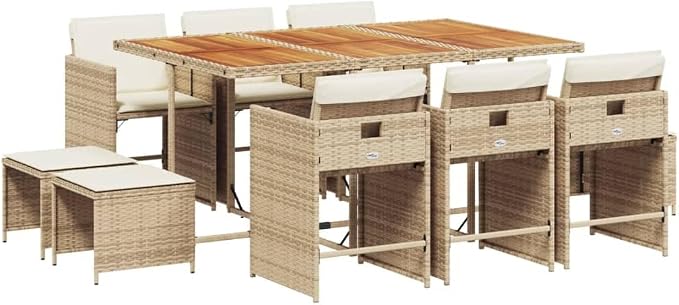 11 Piece Patio Dining Set with Cushions Beige Poly Rattan Outdoor Rattan Dining Table and 6 Chairs with 4 Stools for Garden Backyard Patio, Space-Saving Folding Chairs, Tabletop, Cream Cushions