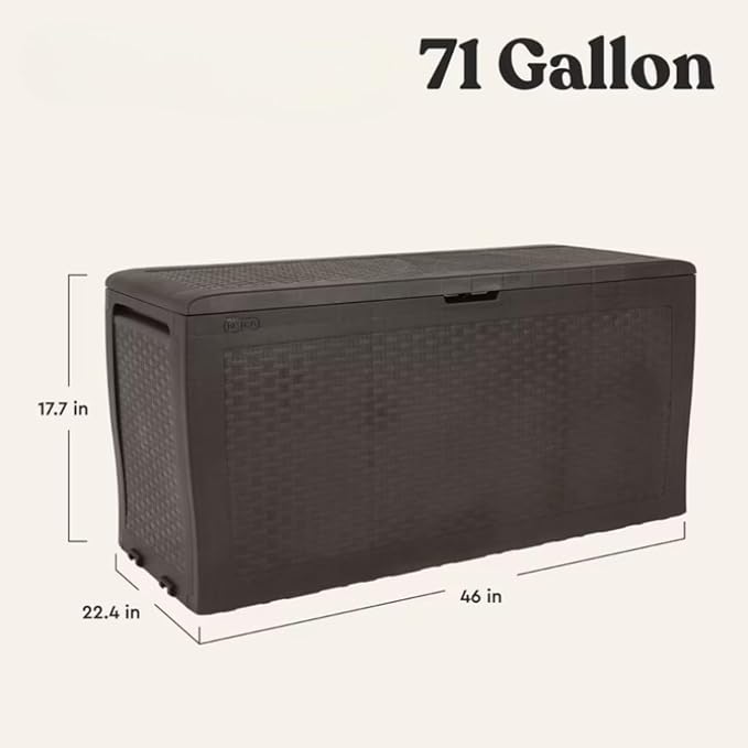 Large Resin Deck Box, 70 Gal Outdoor Storage, Rattan Style, Lockable with Wheels, (Brown, 46" L x 22.4" W x 17.7" H)