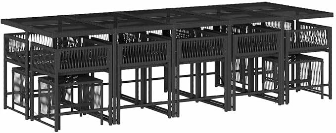 14-Seater PE Rattan Patio Dining Set | Features a rectangular tempered glass table and stackable black and cream white chairs for backyard gatherings.