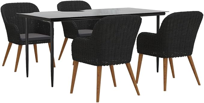 5 Piece Patio Dining Set with Cushions, Outdoor Garden Table and Chairs for Backyard and Deck, Solid Acacia Wood and Tempered Glass Dining Set, Black