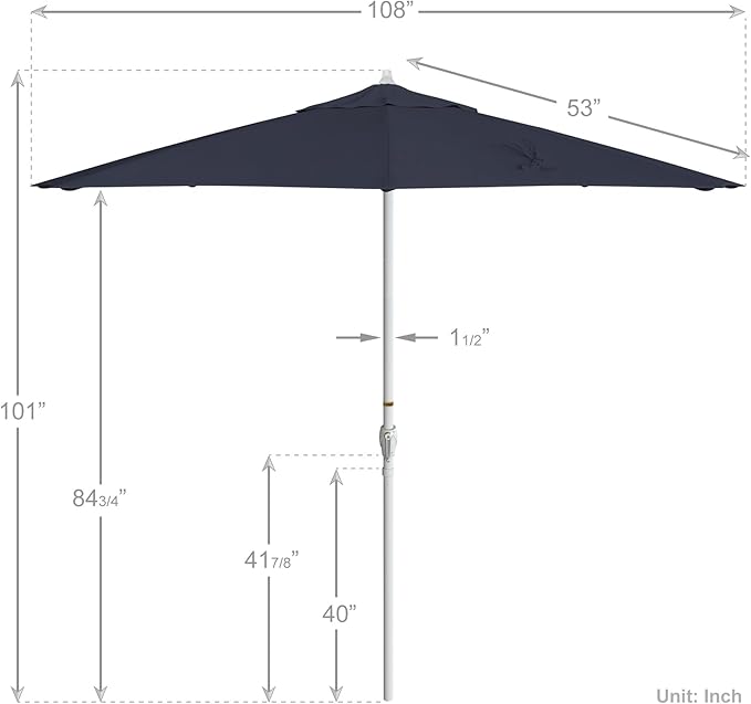 California Umbrella 12-Year Protection 9' Rd Aluminum Patio Umbrella, Crank Lift, Auto Tilt, White Finish, Sunbrella Indigo