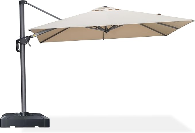 PURPLE LEAF 8' X 8' Patio Umbrella with Base for Pool 7' High Offset Outdoor Cantilever Umbrella Swimming Pool Umbrella with 360°Rotation for Poolside Beige