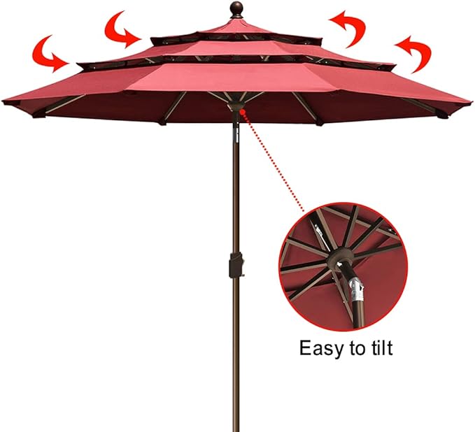EliteShade USA 10-Year-Non-Fading 9ft 3-Tier Market Patio Umbrella, Commercial Grade Outdoor Table Umbrella with Crank Open, Windproof & UPF 50+ UV Protection, Heavy Duty Ventilation for Garden, Deck, Pool, Backyard, Beach & Bistro, Burgundy