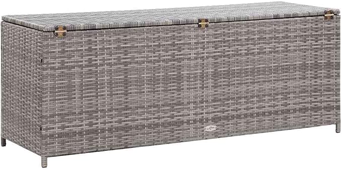 Outdoor Storage Bench with Cushion Holder, 59" Poly Rattan Patio Furniture Box, Waterproof Gray Deck Box for Pillows Blankets Toys, 350lb Capacity Modern Garden Seat