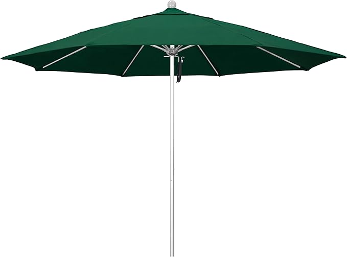 California Umbrella 11Ft Commercial Grade Sunbrella Fabric Market Umbrella, Pulley Lift, Aluminum/Fiberglass, 2mm pole wall, Silver Frame, Forest Green Fabric