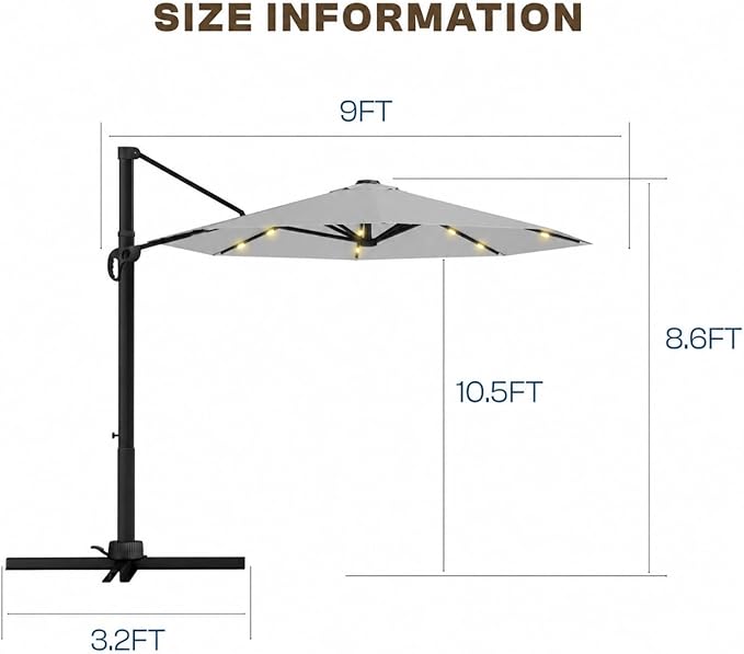 Kingdura 9ft Cantilever Patio Umbrella with Base Included & Solar Lights, Large Round Metal Outdoor Offset Umbrella with 360-degree Rotation, 4 Position Tilt, UV Protection for Pool Deck Patio (Light grey)
