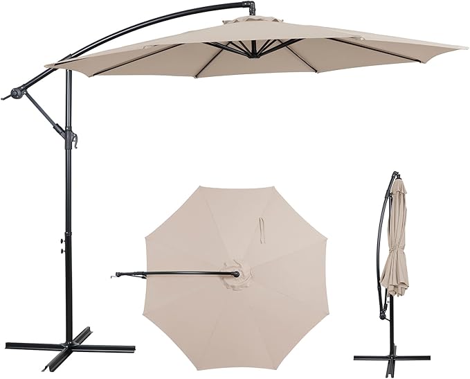 10FT Offset Patio Umbrella, Cantilever Hanging Umbrella with Infinite Tilt, Fade-Resistant Water-Repellent Canopy & Cross Base for Yard, Garden & Deck