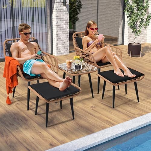 5-Piece Wicker Patio Furniture Set - 2 Chairs, 2 Ottomans & Side Table - Stylish Outdoor Conversation Set for Porch, Balcony, Deck & Backyard - Natural Finish