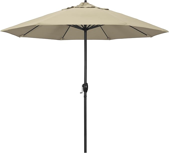 California Umbrella 12-Year Protection 9' Rd Aluminum Patio Umbrella, Crank Lift, Auto Tilt, Black Finish, Sunbrella Antique Beige