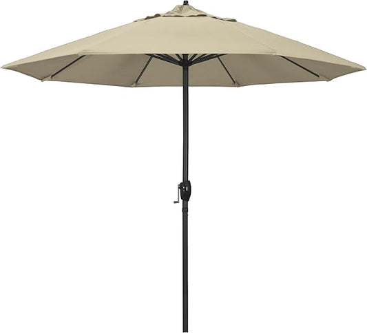 California Umbrella 12-Year Protection 9' Rd Aluminum Patio Umbrella, Crank Lift, Auto Tilt, Black Finish, Sunbrella Antique Beige