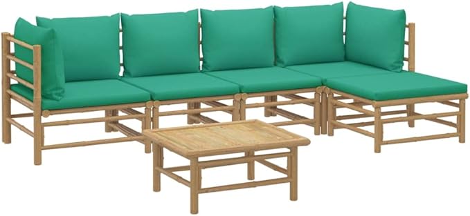 6 Piece Patio Lounge Set with Green Cushions, Porch Furniture Set Sectional Sofa Patio Conversation Set Front Porch Furniture for Negotiation Area Piazza Exhibition Garden Bamboo