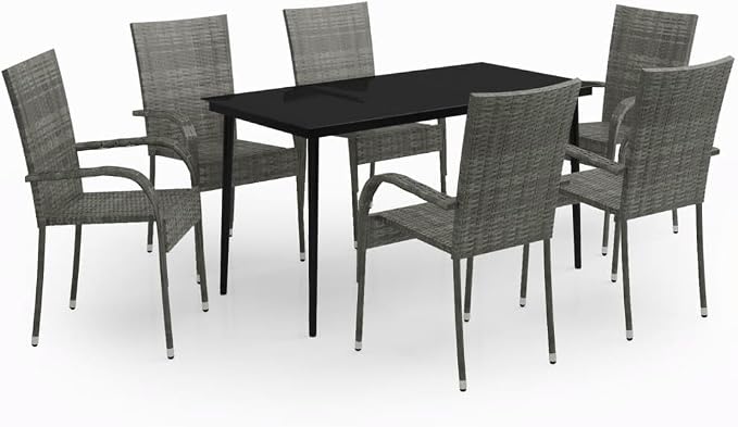 7 Piece Patio Dining Set Gray and Black Outdoor Rattan Table Chairs with Glass Top for Garden Deck Backyard