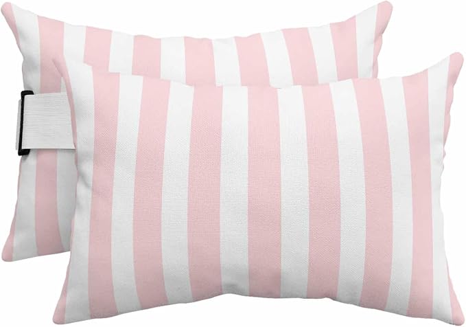 Pink Striped Outdoor Chaise Lounge Head Pillow with Insert, Modern Farmhouse Pink White Stripes Waterproof Headrest Lumbar Pillow Cusion Cover with Elastic Strap for Patio Beach Recliner, 11"x16" 2PCS