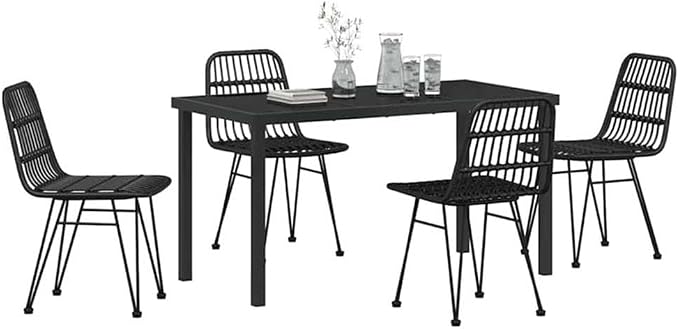 Afuera Living 5 Piece Poly Rattan Garden Dining Set, Black Finish, Weather-Resistant UV-Protected Material, Powder-Coated Steel Frame, Rectangular Table and Chairs, Modern Patio or Outdoor Seating